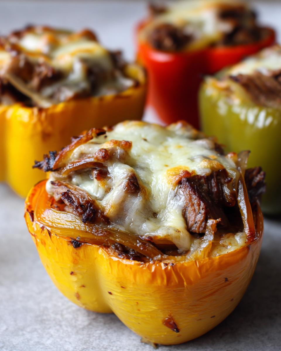 A close-up of a baked yellow bell pepper filled with steak, onions, and melted provolone cheese, part of a batch of philly cheesesteak stuffed peppers.