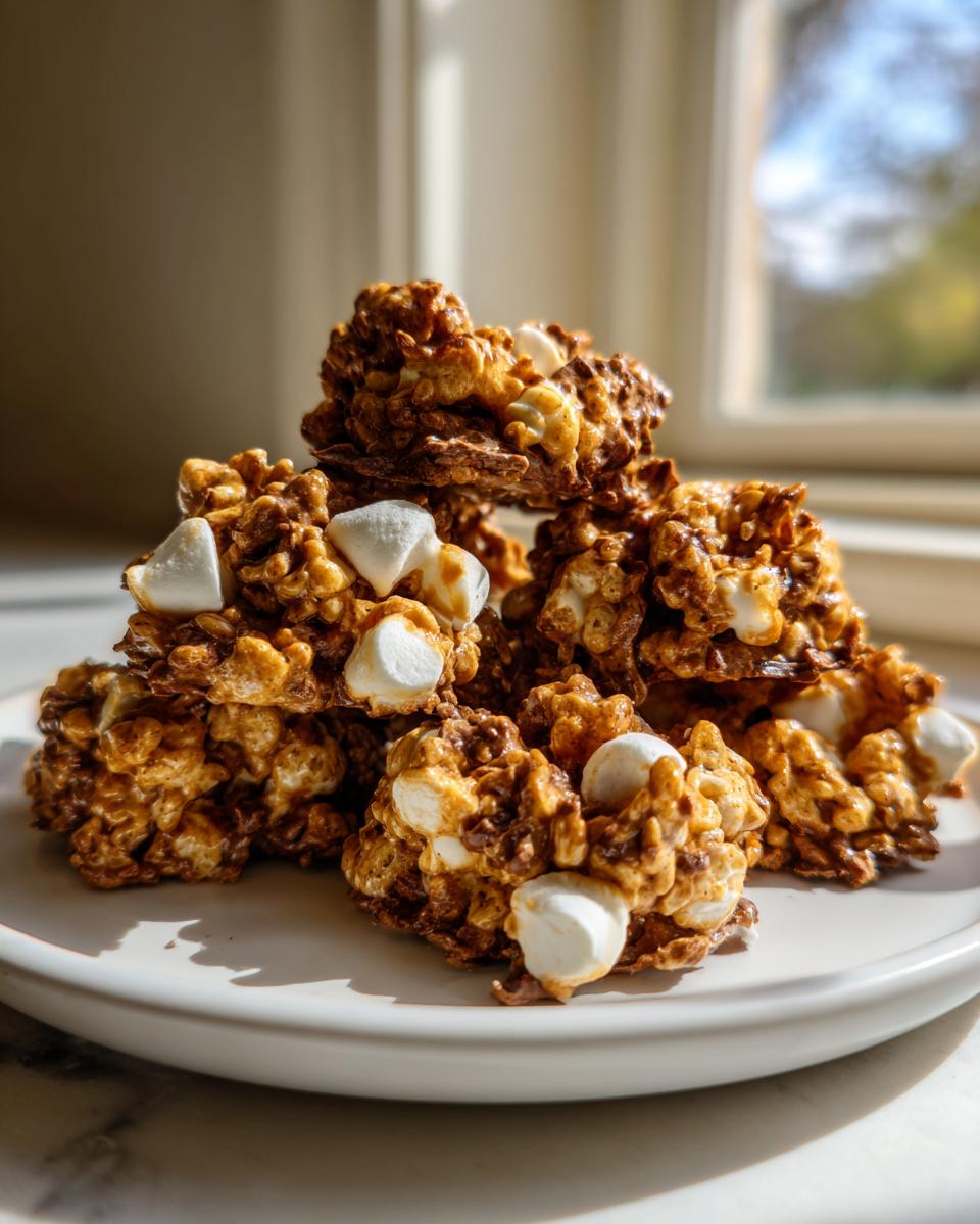 A stack of rich, chocolatey avalanche cookies studded with white marshmallows served on a white plate.