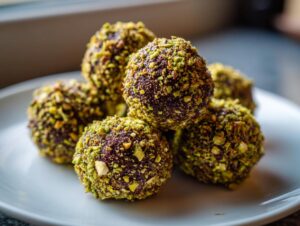 A close-up of several rich, dark dubai chocolate balls generously coated in bright green crushed pistachios, stacked on a white plate.