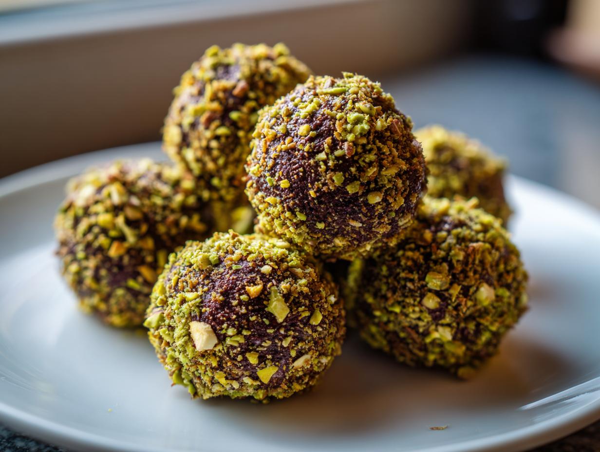 A close-up of several rich, dark dubai chocolate balls generously coated in bright green crushed pistachios, stacked on a white plate.