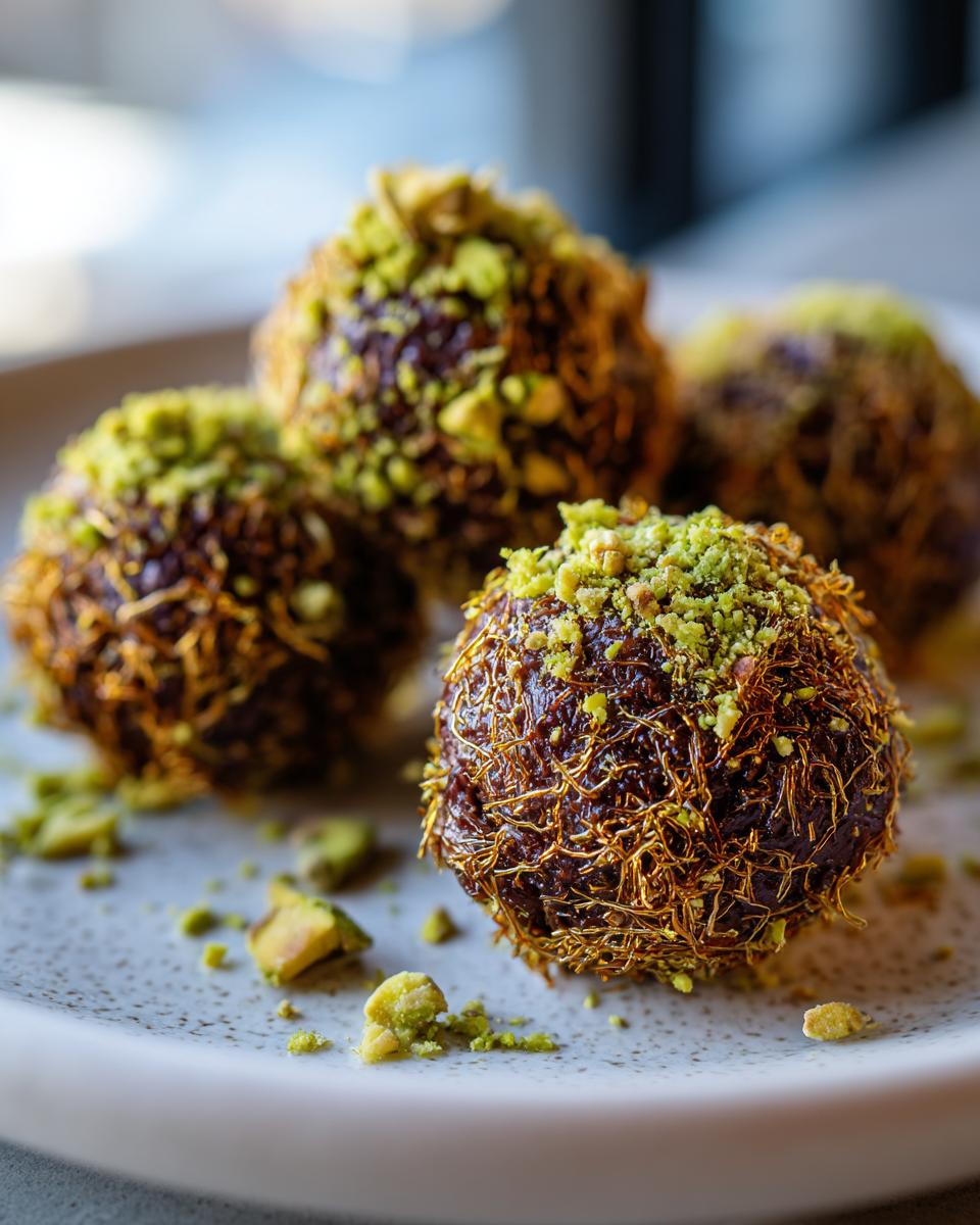 Close-up of rich dubai chocolate balls coated in crispy golden threads and topped with crushed green pistachios.