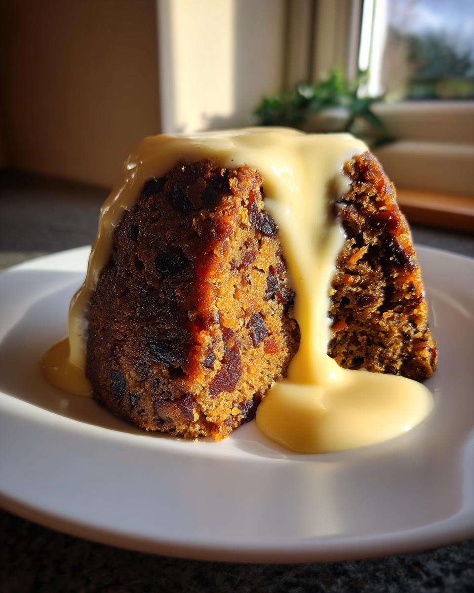 A close-up of a moist slice of plum pudding covered in thick, creamy custard, served on a white plate.