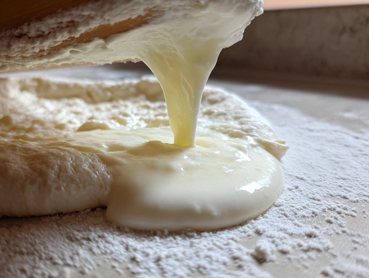 Close-up of creamy white pizza sauce being poured from a wooden utensil onto raw pizza dough dusted with flour.