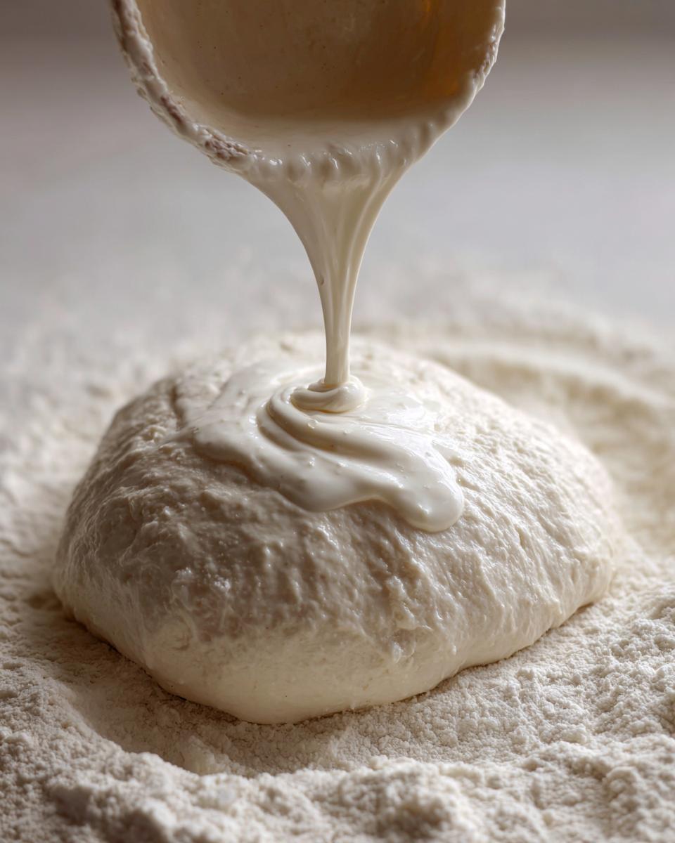 A thick, creamy white pizza sauce is being poured from a spoon onto a mound of pizza dough dusted with flour.