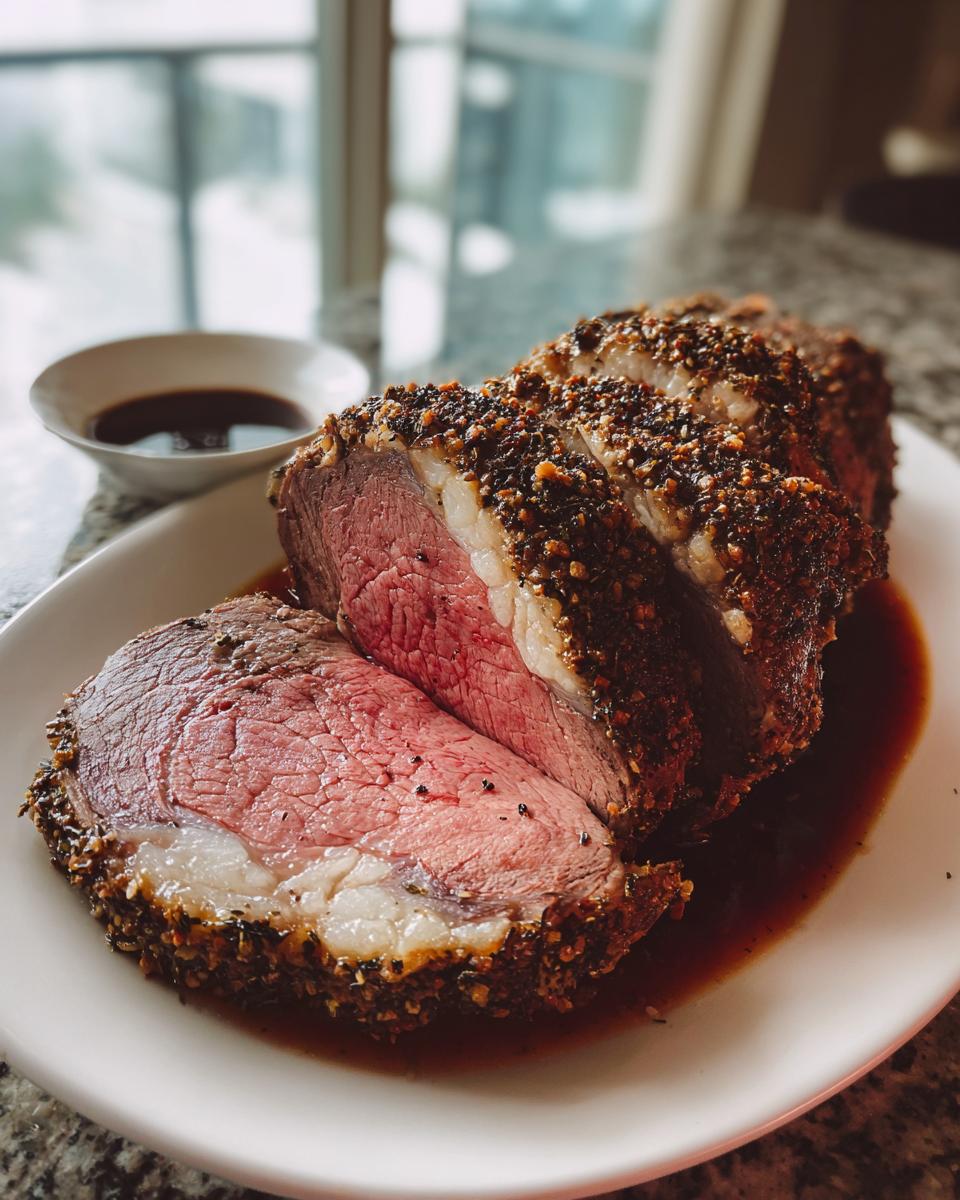 Close-up of a perfectly cooked prime rib recipe roast, sliced to show medium-rare center and dark herb crust, resting in au jus.