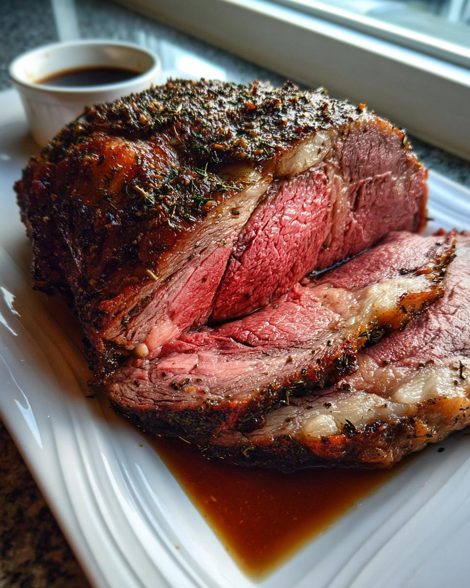 A beautifully roasted and sliced prime rib recipe roast with a dark herb crust, resting in its juices.