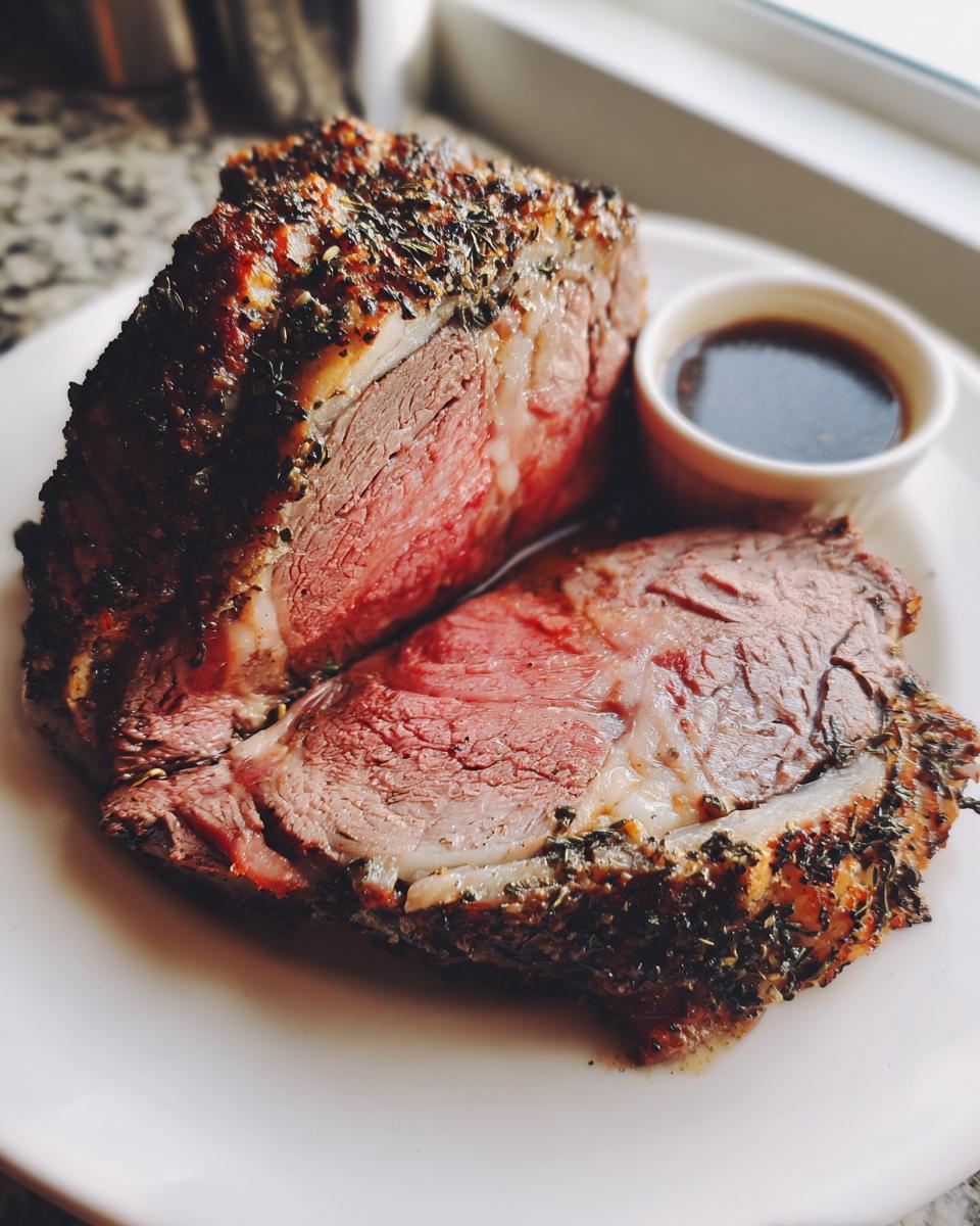 Two thick slices of medium-rare prime rib recipe roast with a dark herb crust, served with au jus on a white plate.