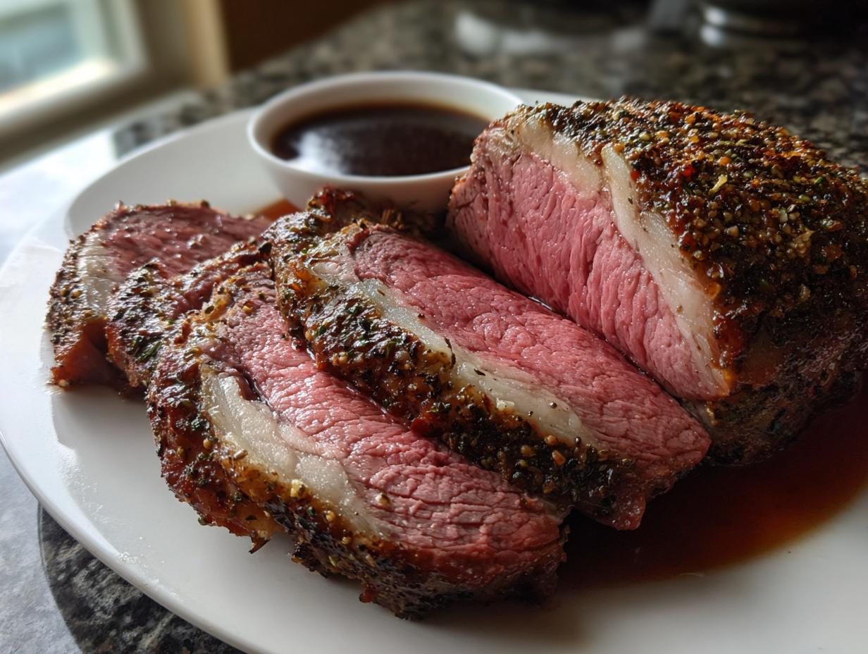 Thick slices of medium-rare prime rib recipe roast, crusted with herbs and spices, served with au jus.
