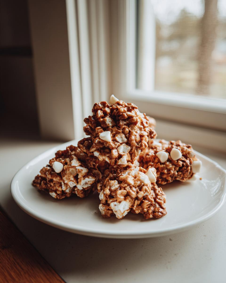 A small stack of rich, chocolatey avalanche cookies studded with white chips, resting on a white plate by a window.