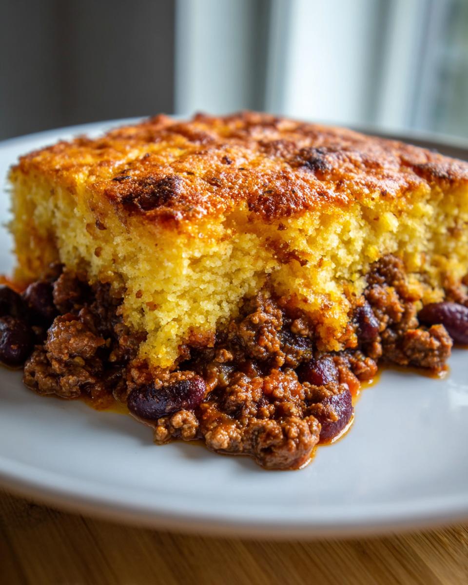 A close-up of a hearty slice of tamale pie, featuring a golden cornbread top over a rich chili filling with kidney beans.