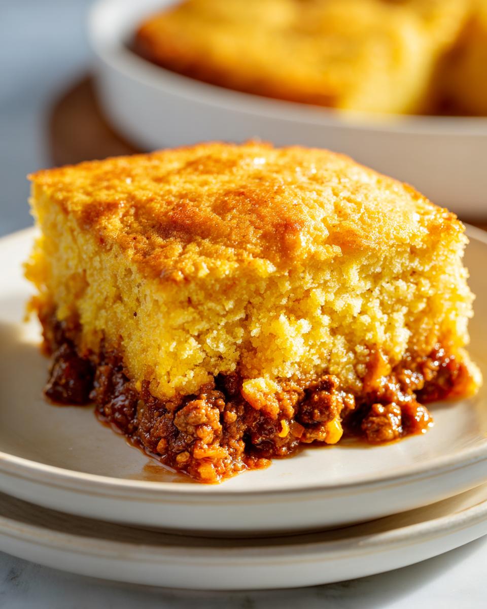 A close-up of a square slice of tamale pie showing a thick, golden cornbread crust over a rich, savory chili filling.