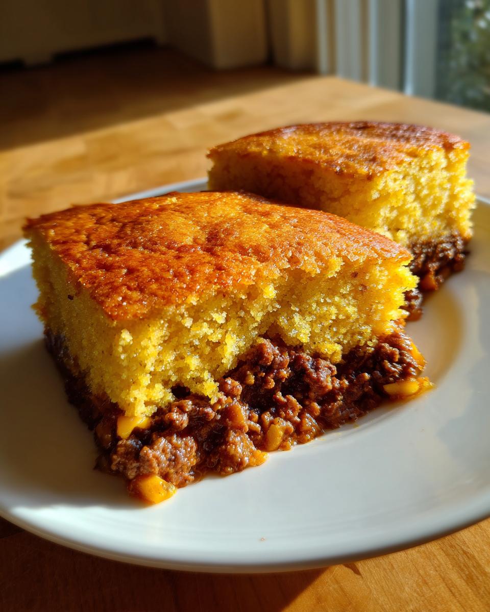 Two square slices of tamale pie showing a thick cornbread top over a savory chili filling.