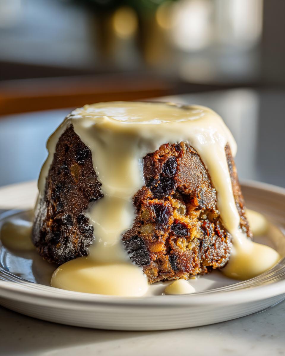A dark, rich plum pudding served individually and generously covered with flowing vanilla custard sauce.