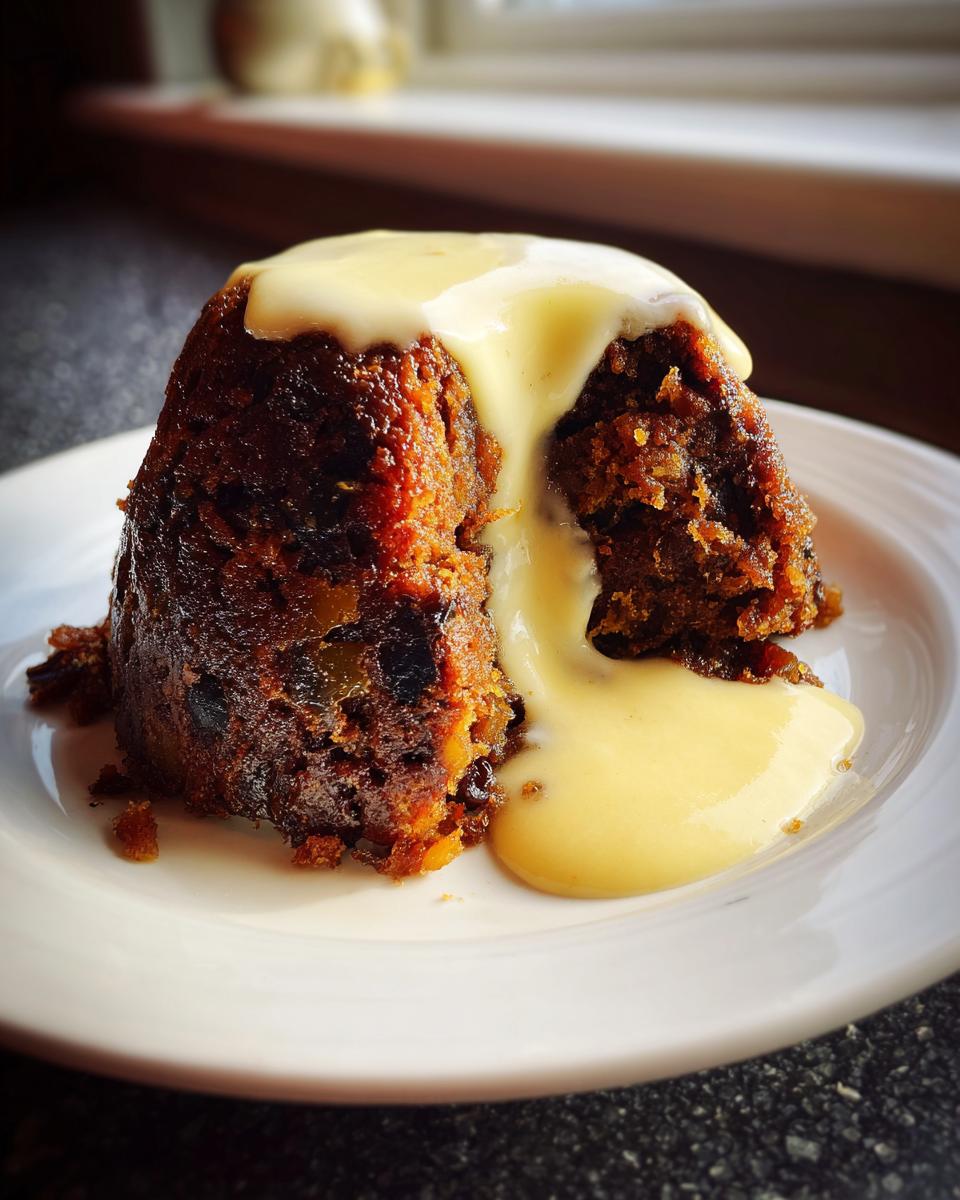 A close-up of a dark, rich plum pudding served on a white plate, generously covered with flowing vanilla custard.