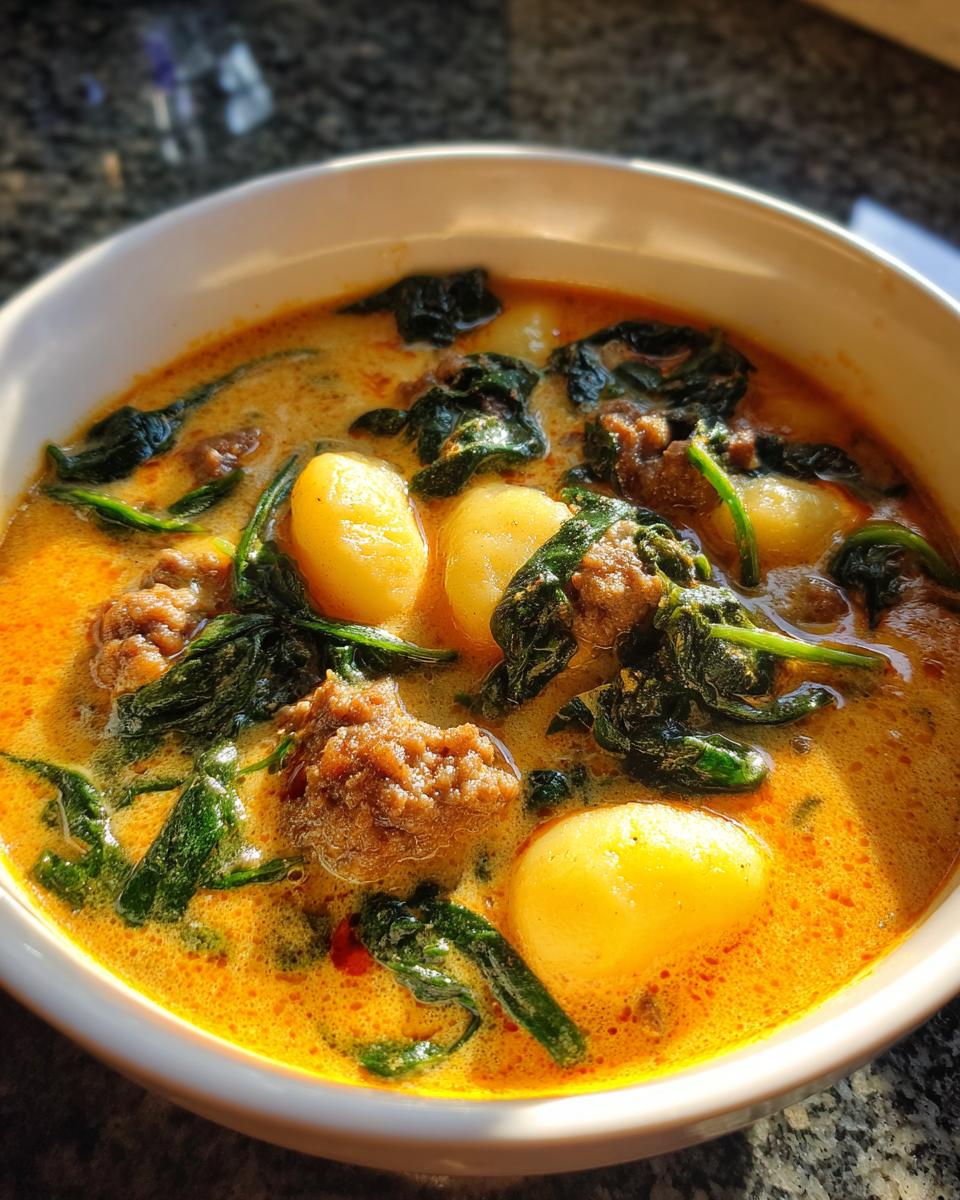 Close-up of creamy, orange-hued sausage gnocchi soup with visible gnocchi, crumbled sausage, and wilted spinach.