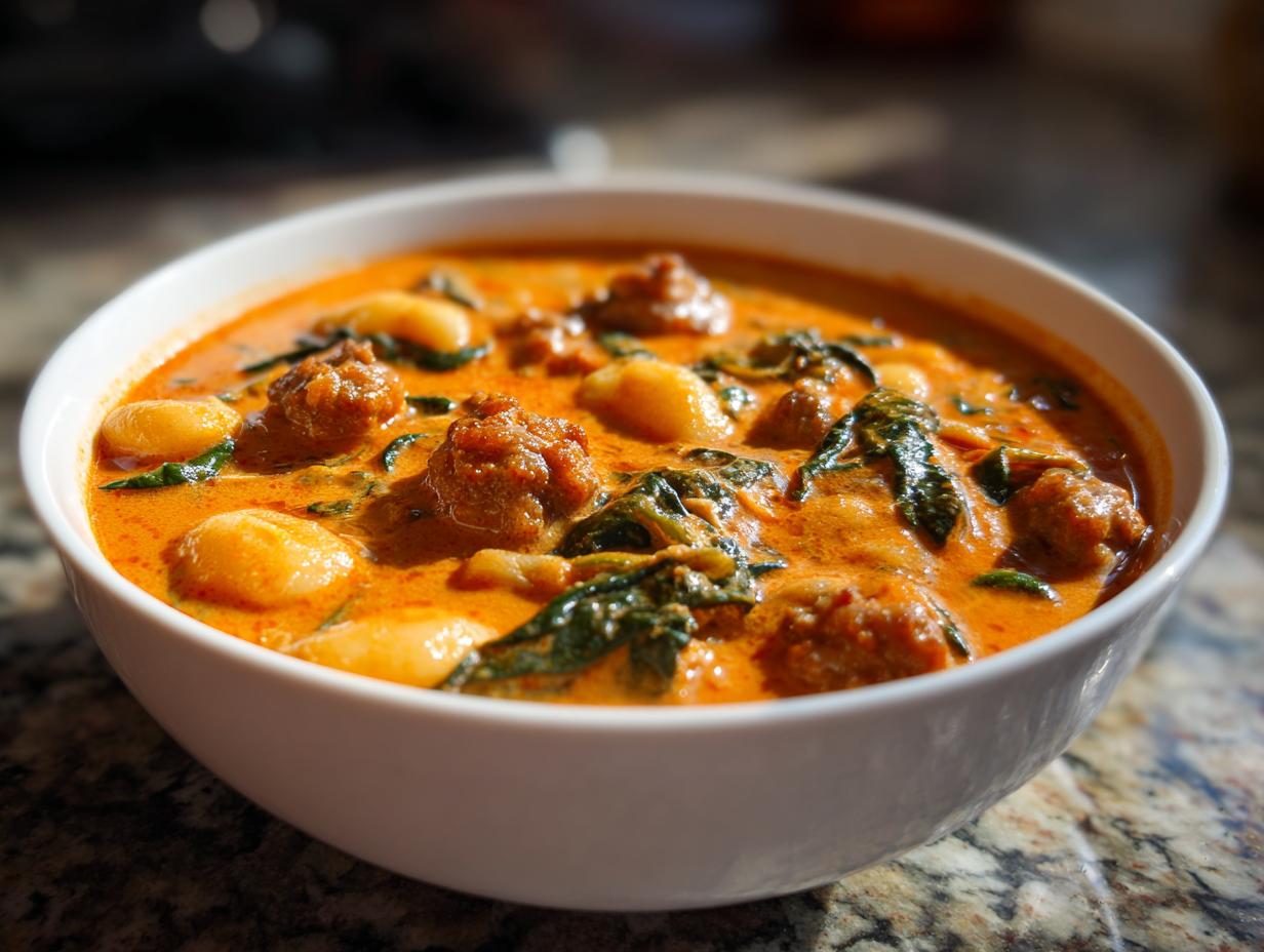 Close-up of a white bowl filled with rich, creamy sausage gnocchi soup featuring sausage chunks and wilted spinach.