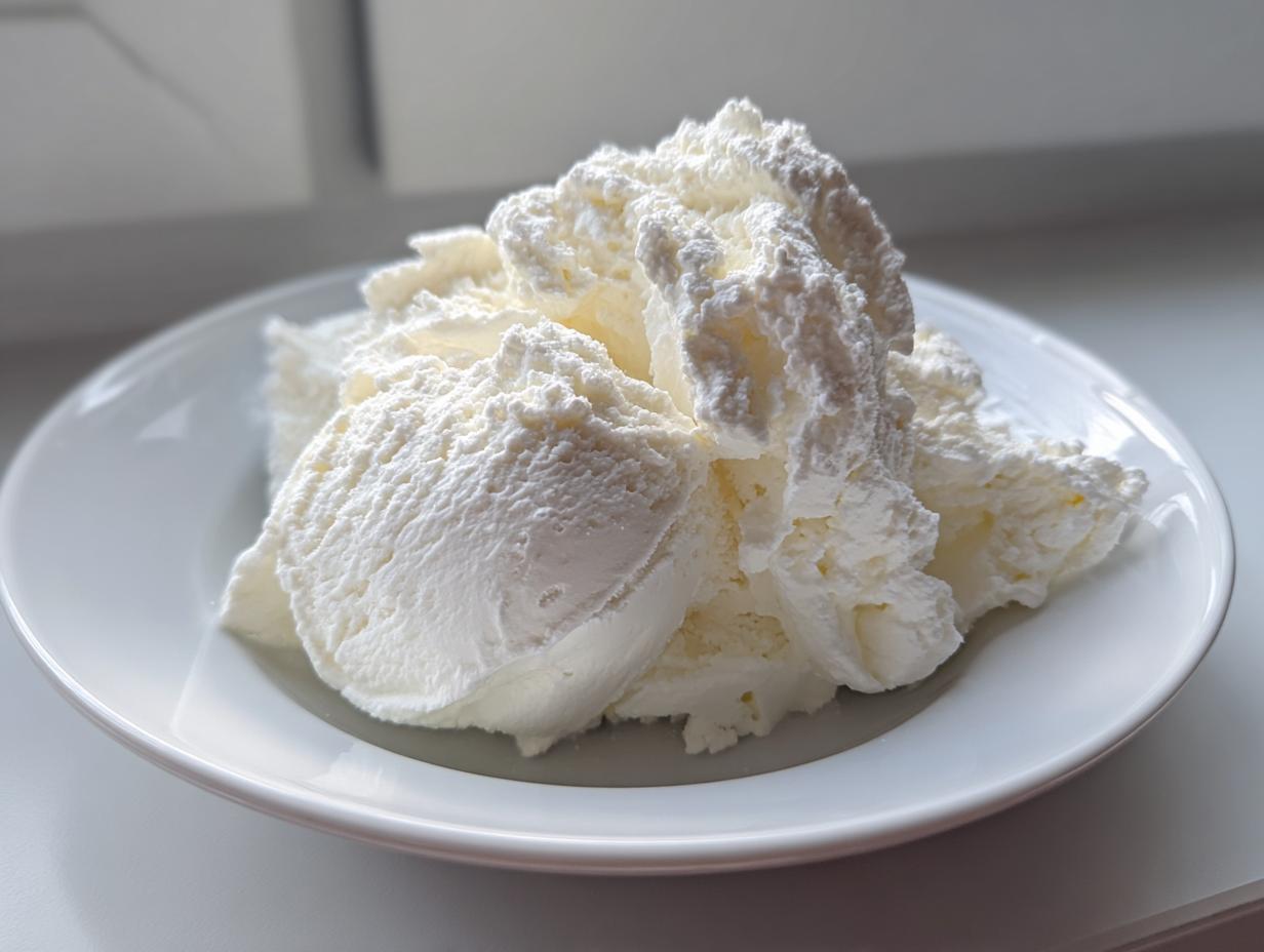 Close-up of scoops of white, creamy cottage cheese ice cream served on a small white plate.