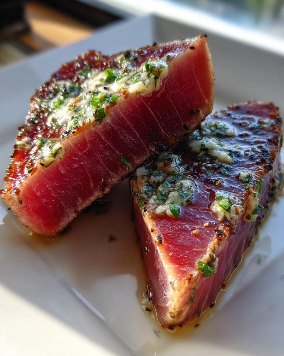 Two thick slices of rare, seared tuna steak topped with melted herb butter, highlighting the deep red interior of the tuna steak.