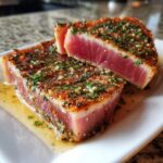 Close-up of a perfectly seared tuna steak, sliced to show the rare pink center and herb crust.