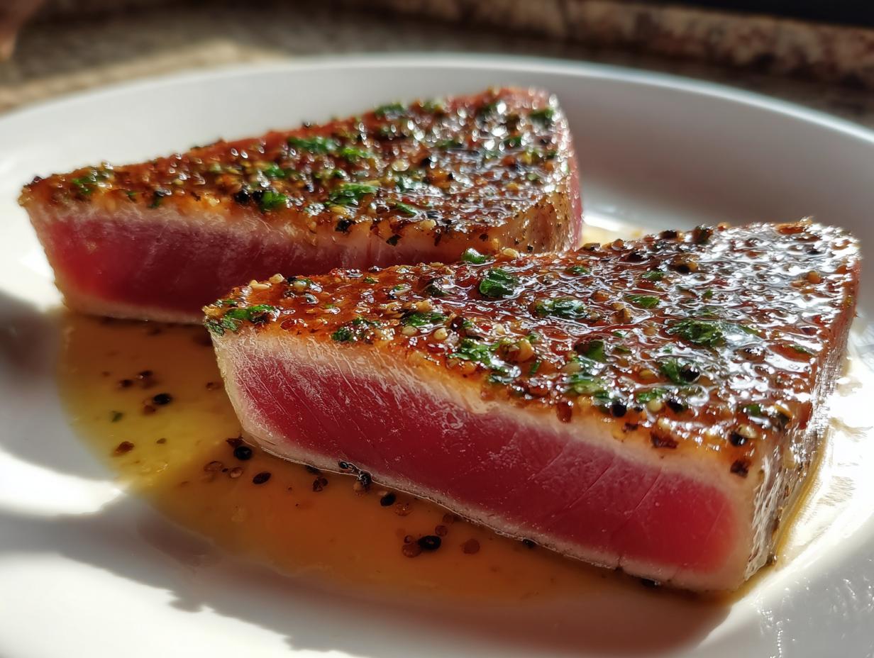 Two perfectly seared tuna steak slices, rare in the center, coated in a savory glaze with herbs and spices.