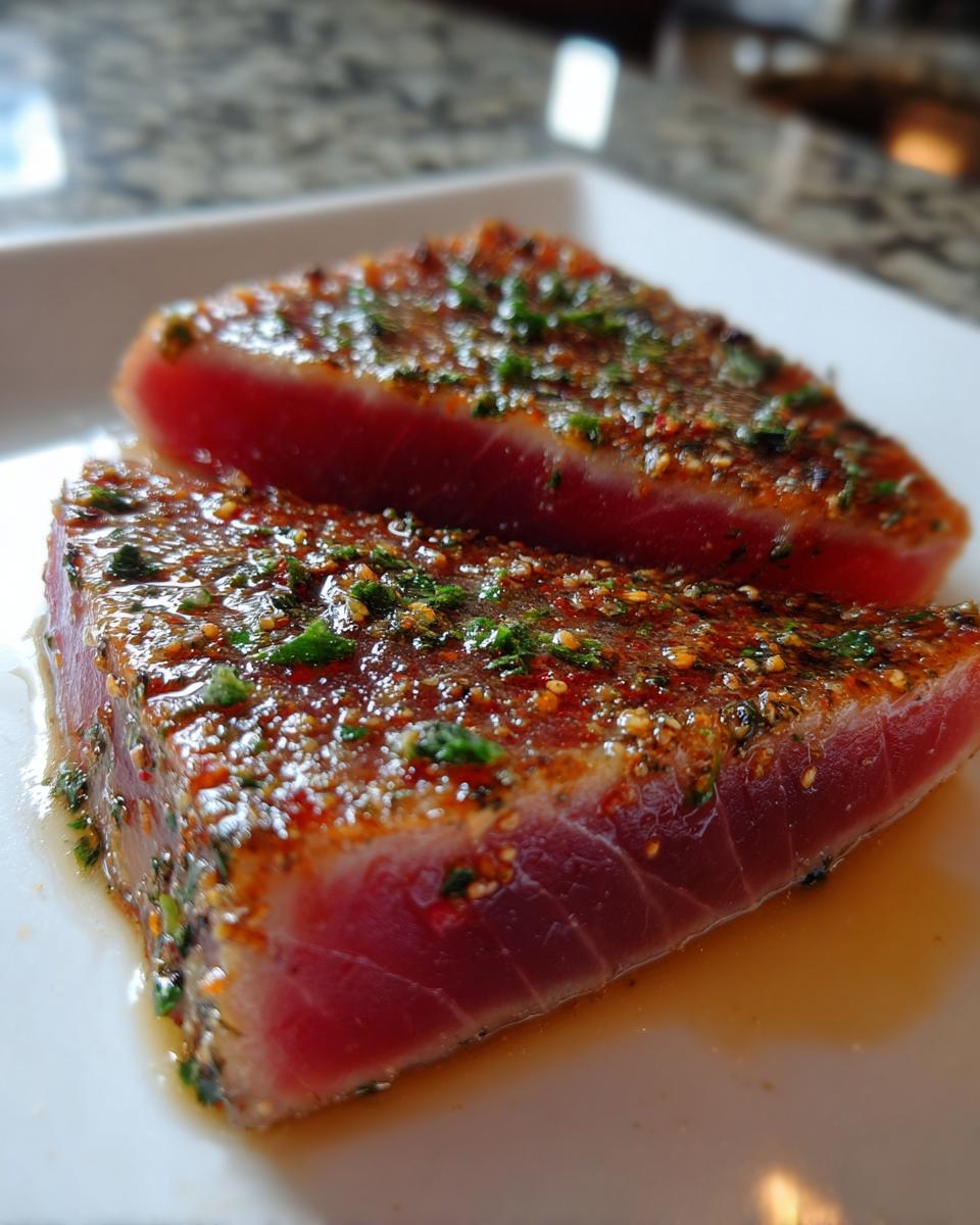 Two thick, raw tuna steak portions heavily coated in a savory, herbed spice rub, resting on a white plate.