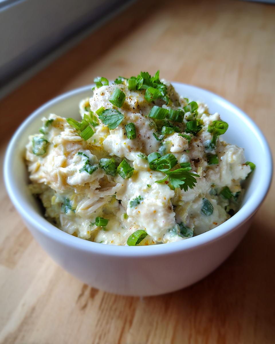 A close-up of a serving of creamy keto white chicken chili topped with fresh green onions and cilantro.