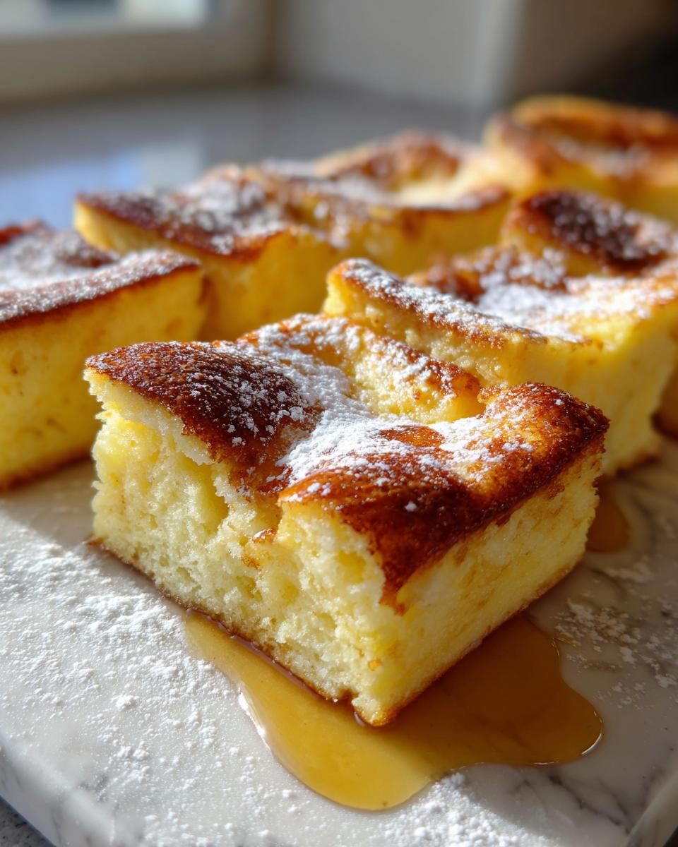 Close-up of fluffy, golden-brown sheet pan pancakes cut into squares, dusted with powdered sugar and drizzled with syrup.