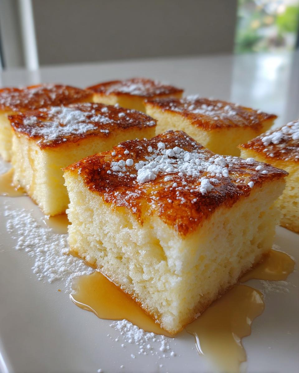 Close-up of several square slices of fluffy sheet pan pancakes, drizzled with syrup and dusted with powdered sugar.