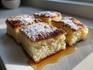 Four square slices of fluffy sheet pan pancakes dusted with powdered sugar, sitting in syrup on a white plate.