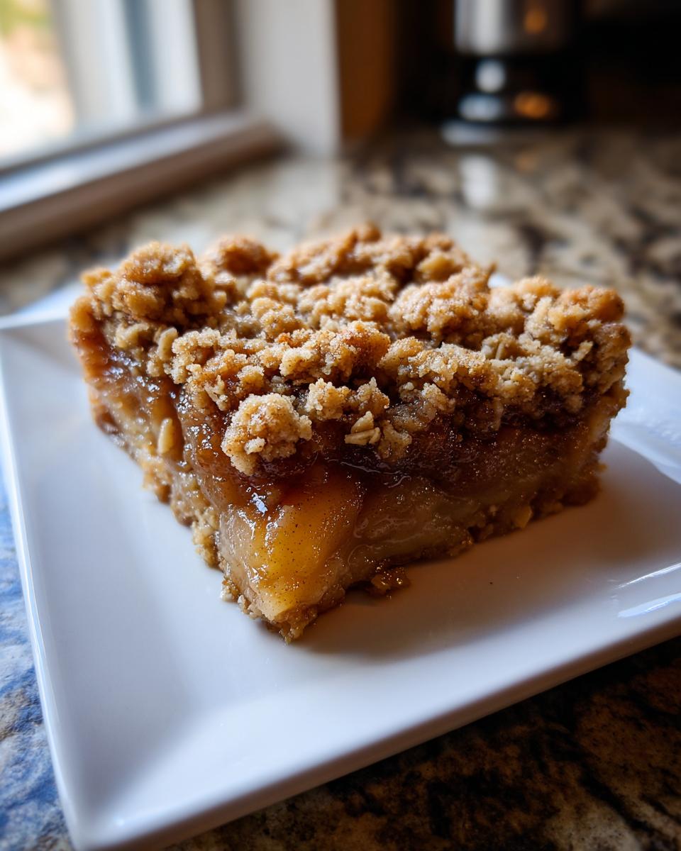 A square slice of warm pear crisp with a thick, buttery oat topping served on a white plate.
