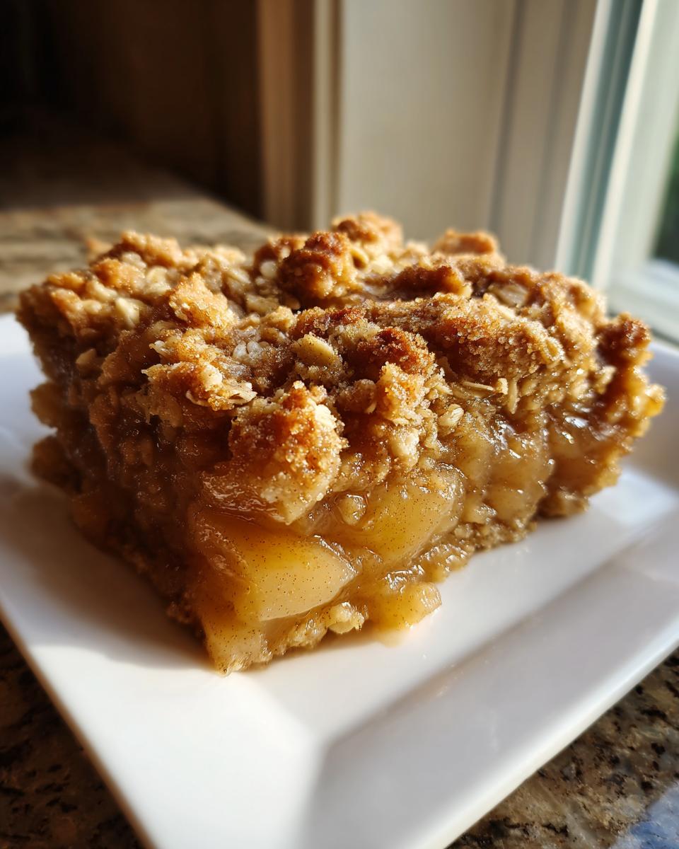A close-up of a square slice of warm pear crisp showing soft, spiced filling and a golden oat crumble topping.