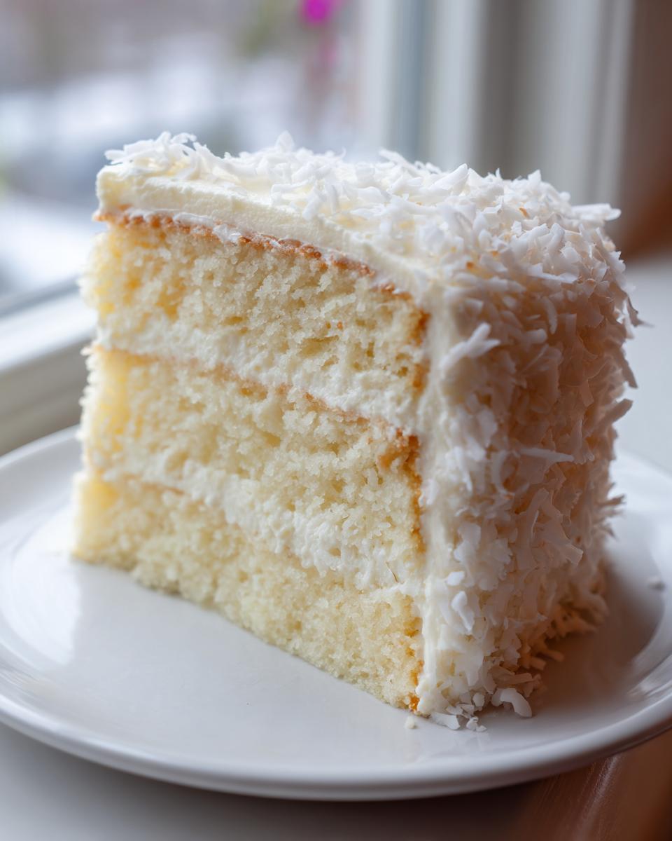 A moist slice of three-layer coconut cake recipe, covered in white frosting and shredded coconut flakes.