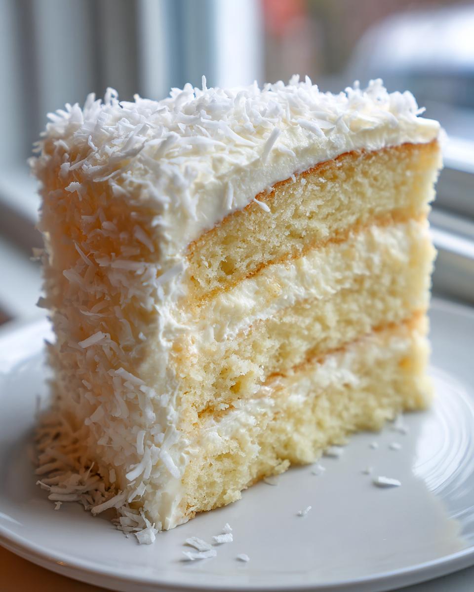 A tall slice of moist three-layer coconut cake recipe, covered in white frosting and shredded coconut flakes.