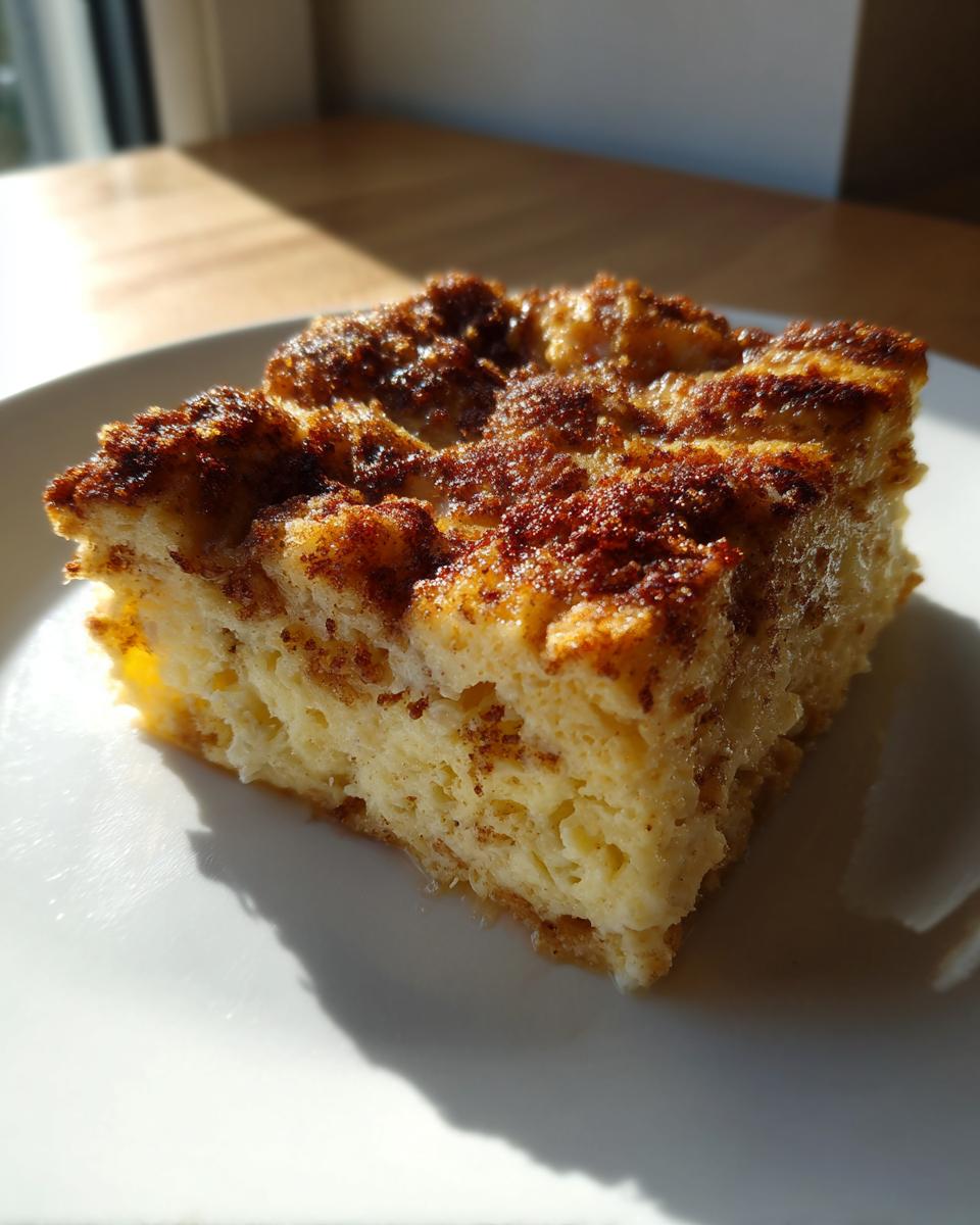 A close-up of a square slice of baked french toast with a caramelized cinnamon topping on a white plate.