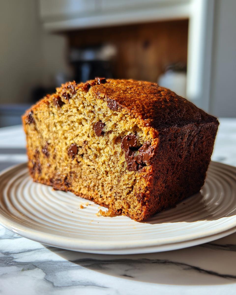 A thick slice of moist vegan banana bread studded with melted chocolate chips, resting on a plate.