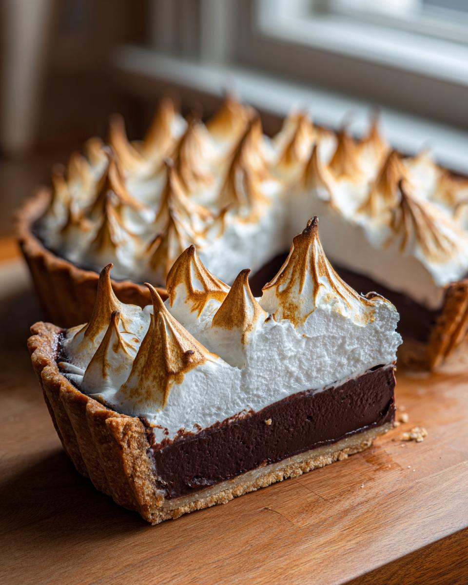 A close-up slice of chocolate meringue pie showing the crust, rich chocolate filling, and dramatically peaked, toasted meringue topping.