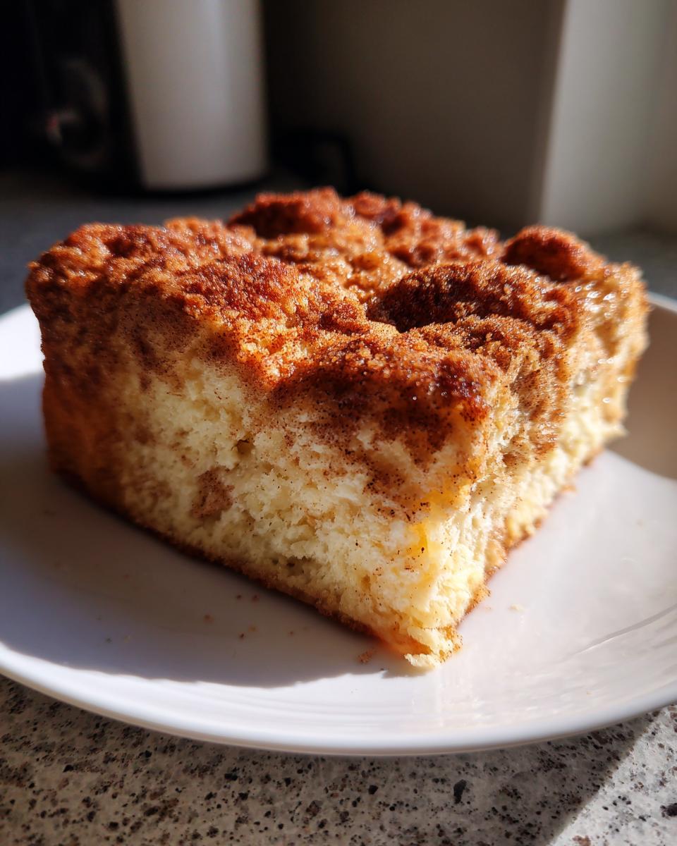 A square slice of baked french toast with a thick, sugary cinnamon crumb topping on a white plate.