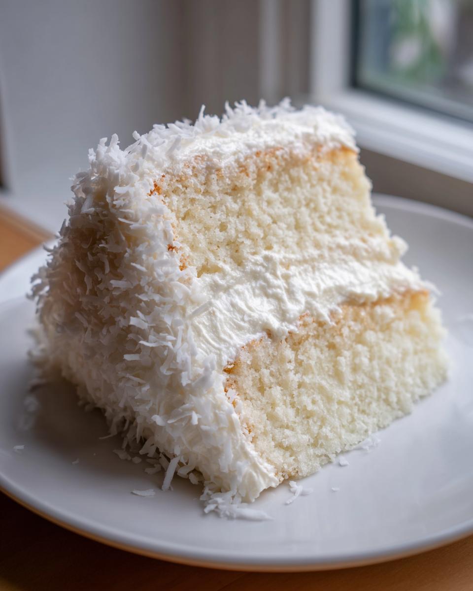 A generous slice of moist, white coconut cake recipe layered with frosting and covered in shredded coconut.