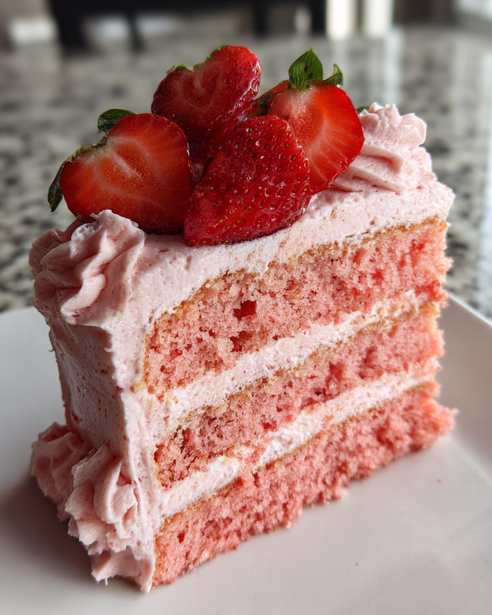 A tall slice of pink layered strawberry cake with white frosting layers and topped with fresh, sliced strawberries.