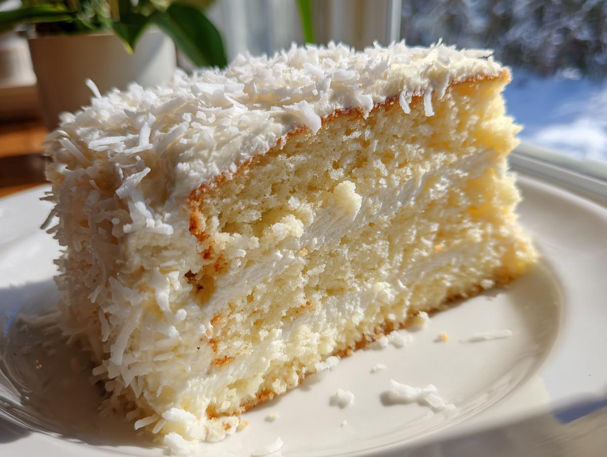 Close-up of a moist slice of 3 layer coconut cake recipe, covered in white frosting and shredded coconut.