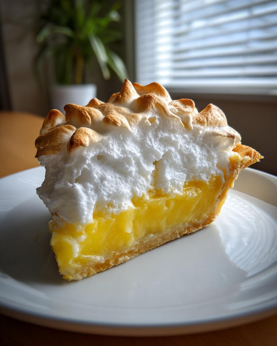 A tall slice of lemon meringue pie showing bright yellow filling and perfectly toasted meringue peaks.
