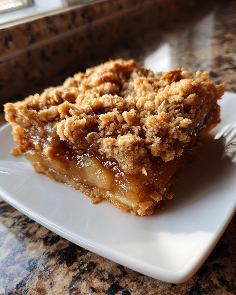 Close-up of a square slice of rich, gooey pear crisp showing the oat topping and caramelized pear filling.
