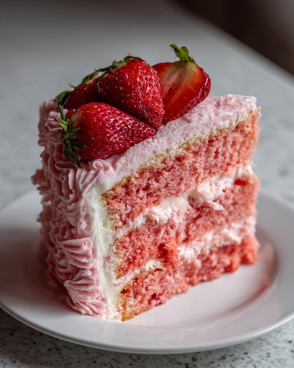 A tall slice of pink strawberry cake layered with white frosting and topped with fresh whole and halved strawberries.