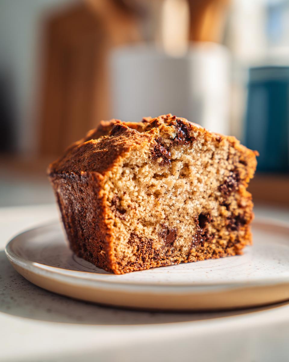 Close-up of a moist slice of vegan banana bread studded with chocolate chips on a light plate.