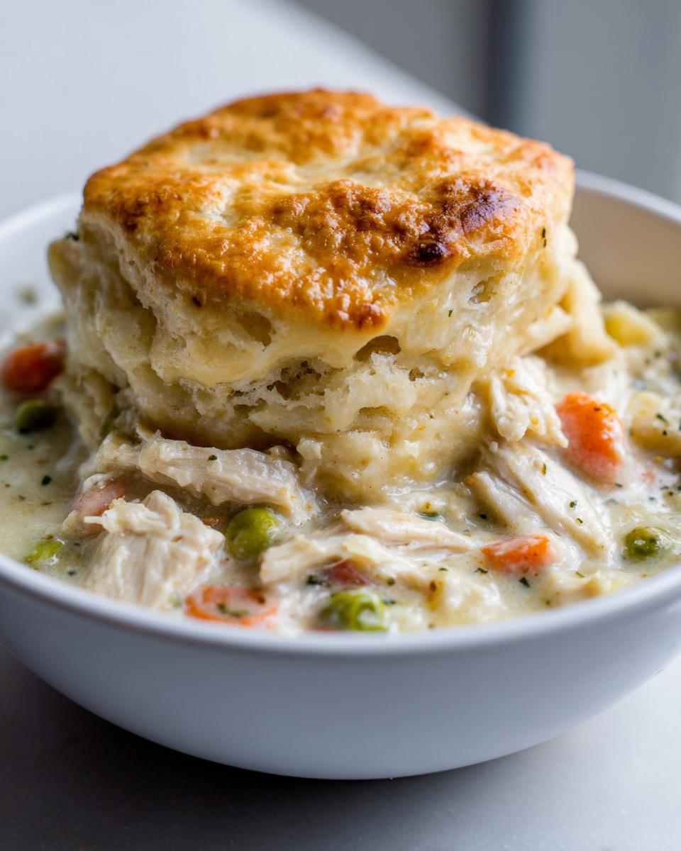 A close-up of a bowl of creamy slow cooker chicken pot pie topped with a thick, golden-brown biscuit.