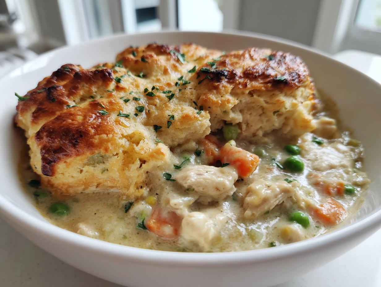 A close-up of a bowl filled with creamy slow cooker chicken pot pie, topped with a golden, flaky biscuit.