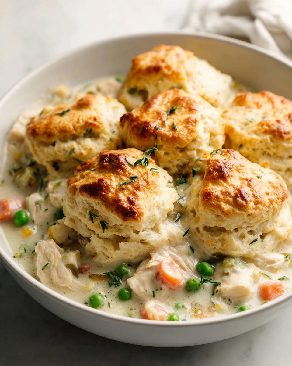Close-up of a bowl of creamy slow cooker chicken pot pie topped with five golden, flaky biscuits.
