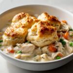 Close-up of a bowl of slow cooker chicken pot pie topped with four golden, flaky biscuits.