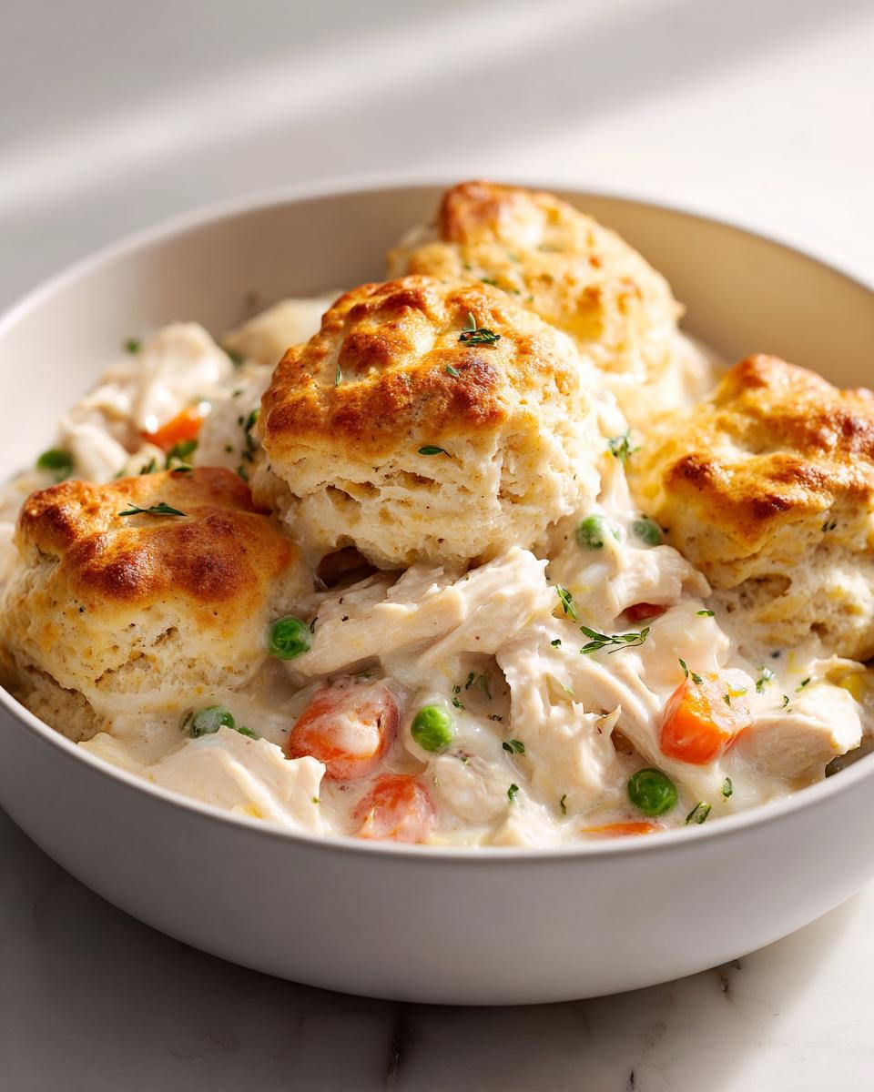 Close-up of a bowl of creamy slow cooker chicken pot pie topped with golden biscuits, carrots, and peas.