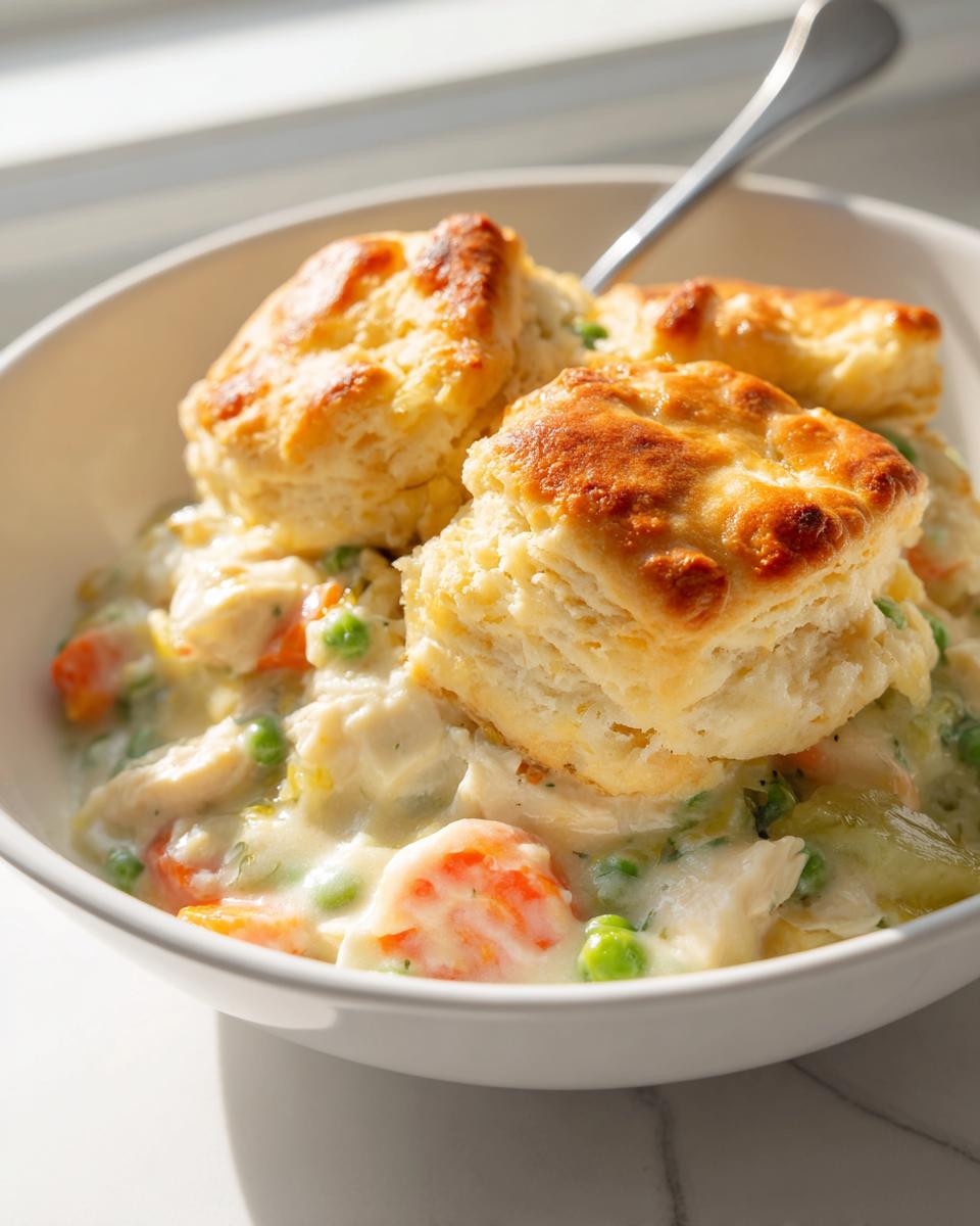 A white bowl filled with creamy slow cooker chicken pot pie, topped with golden biscuits and a spoon.